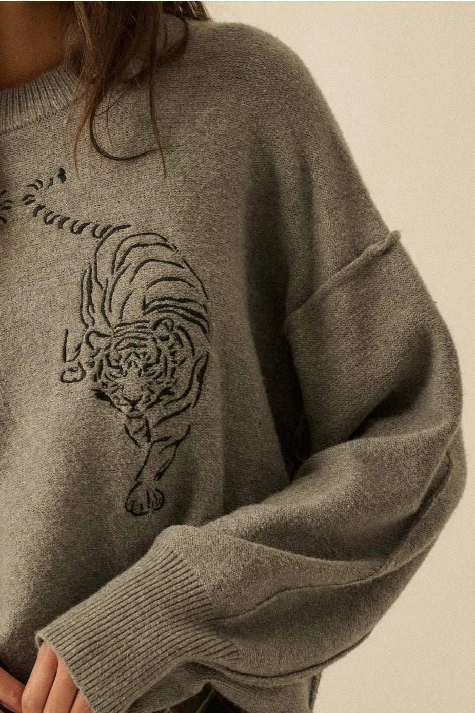 Ember Embroidered Tiger Exposed-Seam Sweater - Grey